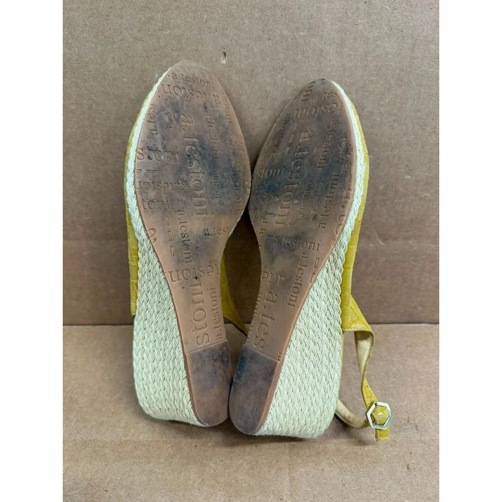 A.Testoni Embroidered Suede Leather Slingback Espadrille Wedge Yellow Size 37 EU
